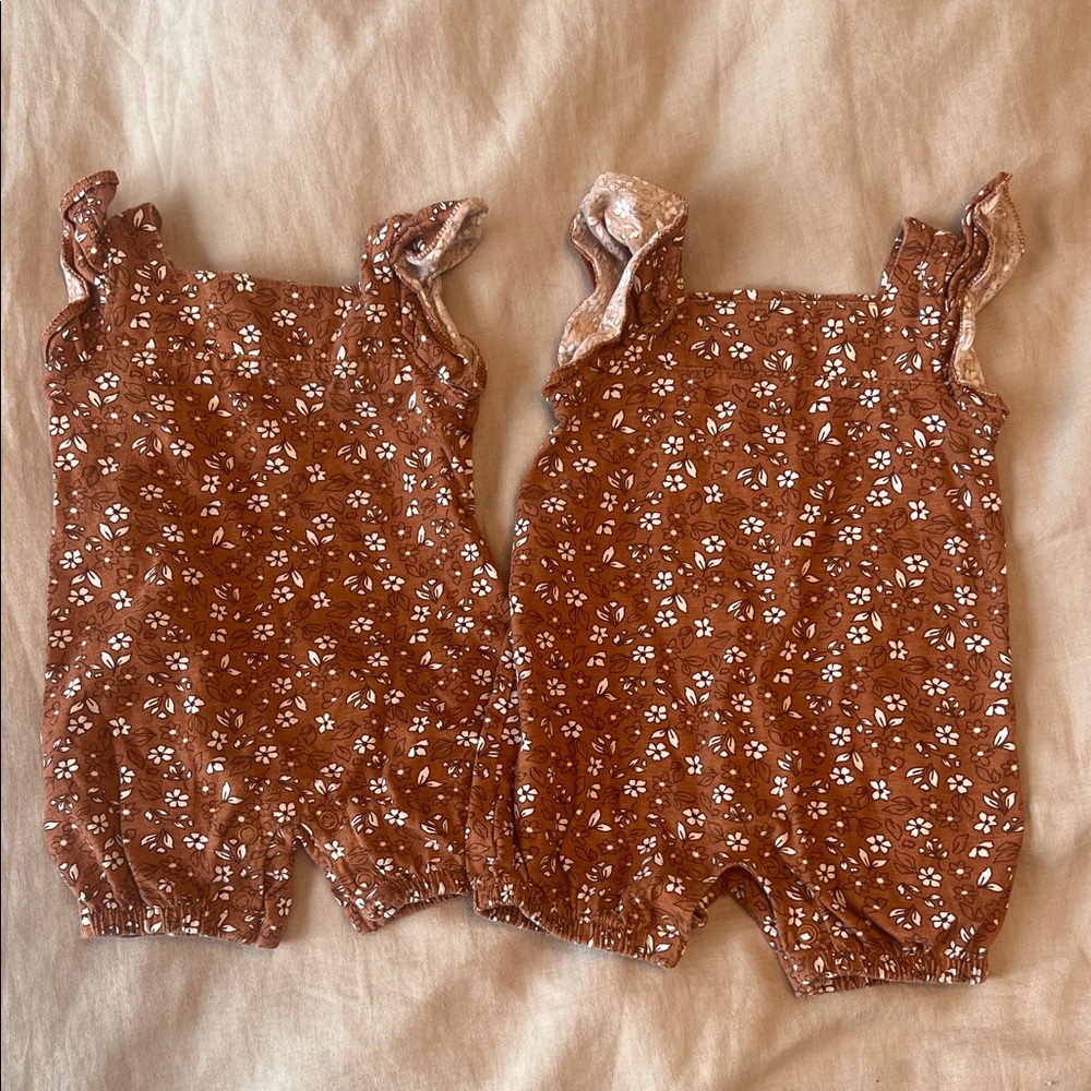 Brown Floral Twin Girl Rompers